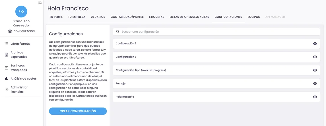Captura de la página de configuración de Mela Works la app de construcción