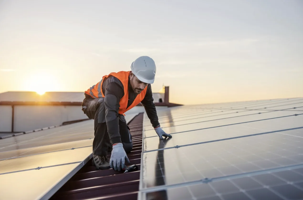 Operaio che monta un pannello solare sul tetto di un edificio