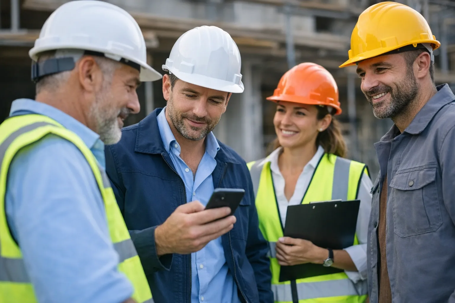 Construction team collaborating on site
