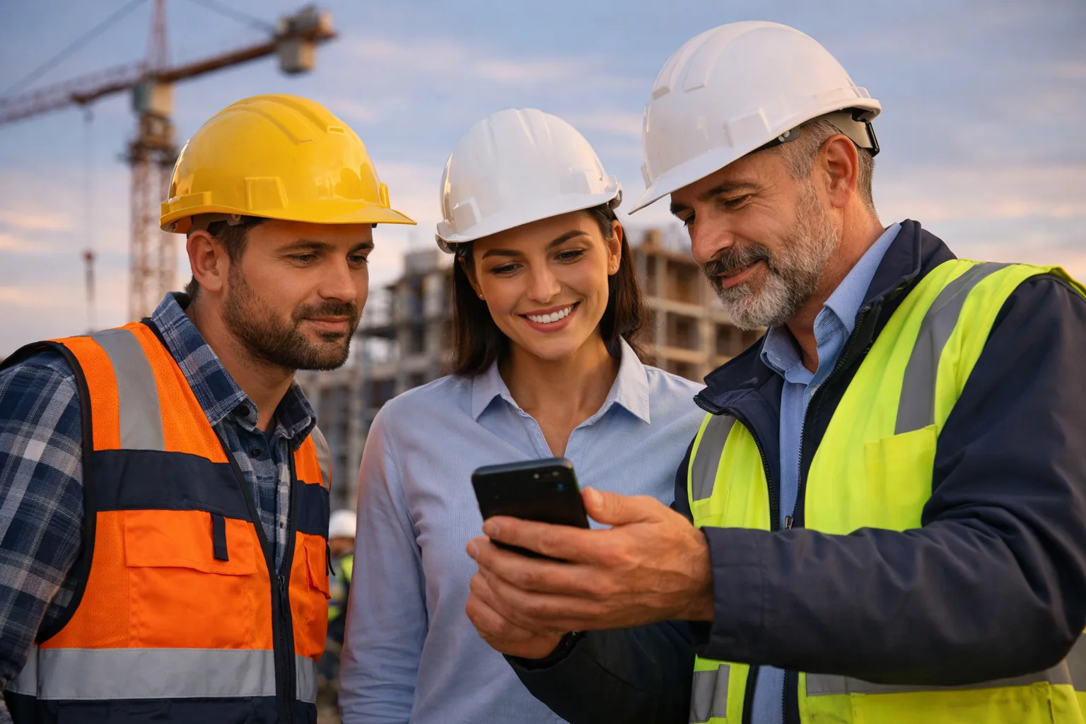 Construction team reviewing plans at sunset
